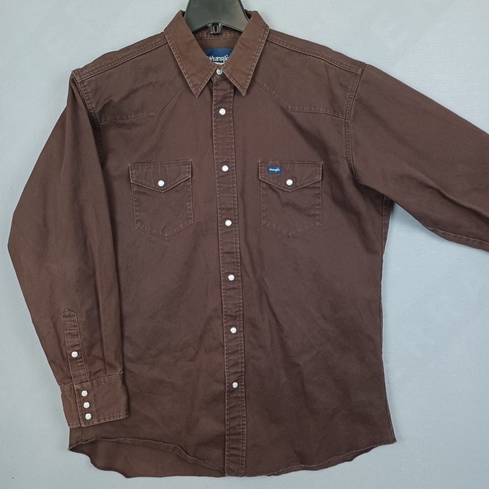 Vtg Wrangler Mens Brown Heavy Cotton Western Pearl Snap Shirt L See Measurement
